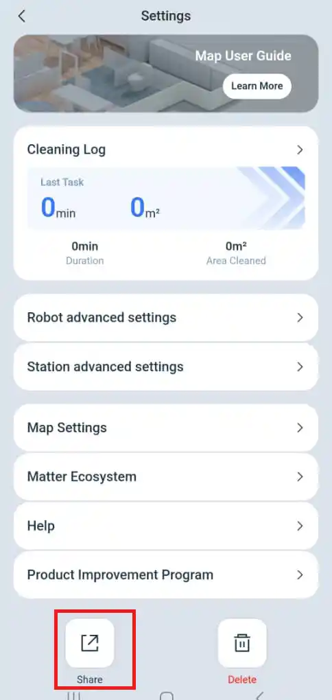 اشتراک گذاری ربات در اپلیکیشن اکووکس هوم 